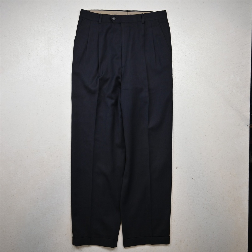 Vtg Y2K 2000s Italy Made 30x32 Navy Blue 100% Wool Pleated High Waist Pants